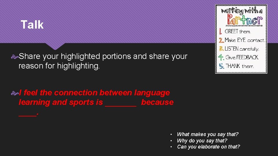 Talk Share your highlighted portions and share your reason for highlighting. I feel the