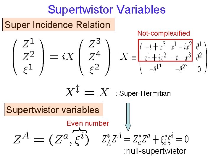 Supertwistor Variables Super Incidence Relation Not-complexified : Super-Hermitian Supertwistor variables Even number : null-supertwistor Supertwistor Variables Super Incidence Relation Not-complexified : Super-Hermitian Supertwistor variables Even number : null-supertwistor