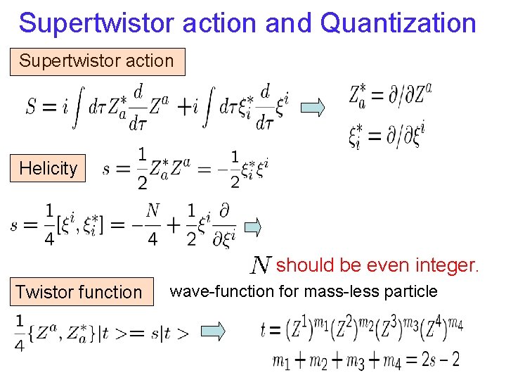Supertwistor action and Quantization Supertwistor action Helicity should be even integer. Twistor function wave-function Supertwistor action and Quantization Supertwistor action Helicity should be even integer. Twistor function wave-function