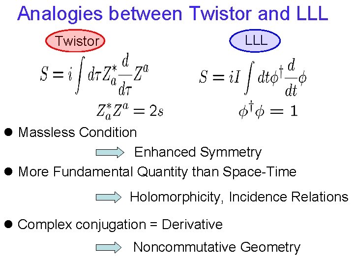 Analogies between Twistor and LLL Twistor l Massless Condition Enhanced Symmetry l More Fundamental Analogies between Twistor and LLL Twistor l Massless Condition Enhanced Symmetry l More Fundamental