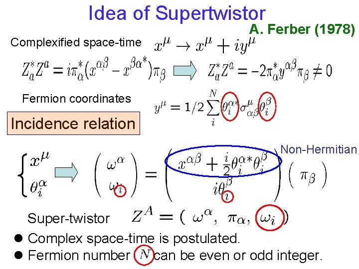 Idea of Supertwistor Complexified space-time A. Ferber (1978) Fermion coordinates Incidence relation Non-Hermitian Super-twistor Idea of Supertwistor Complexified space-time A. Ferber (1978) Fermion coordinates Incidence relation Non-Hermitian Super-twistor