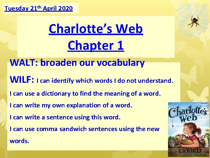 Tuesday 21 th April 2020 Charlotte’s Web Chapter 1 WALT: broaden our vocabulary WILF: