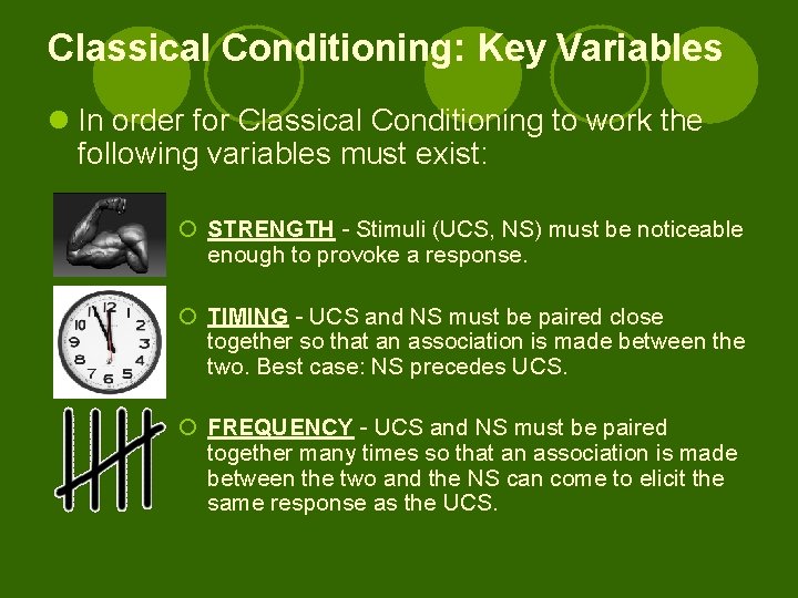Classical Conditioning: Key Variables l In order for Classical Conditioning to work the following