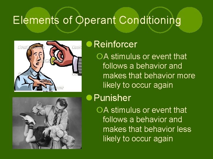 Elements of Operant Conditioning l Reinforcer ¡A stimulus or event that follows a behavior