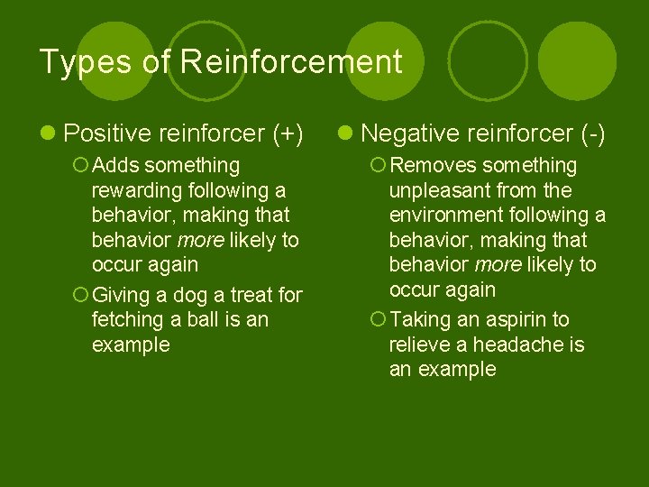 Types of Reinforcement l Positive reinforcer (+) l Negative reinforcer (-) ¡ Adds something