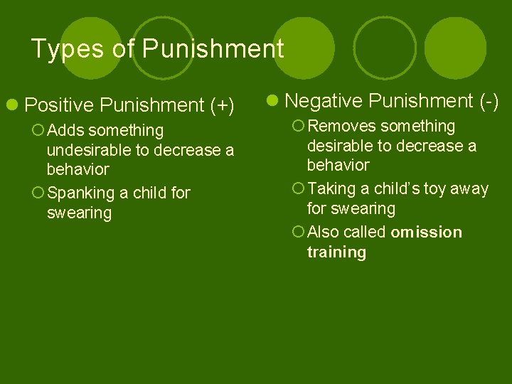 Types of Punishment l Positive Punishment (+) ¡ Adds something undesirable to decrease a