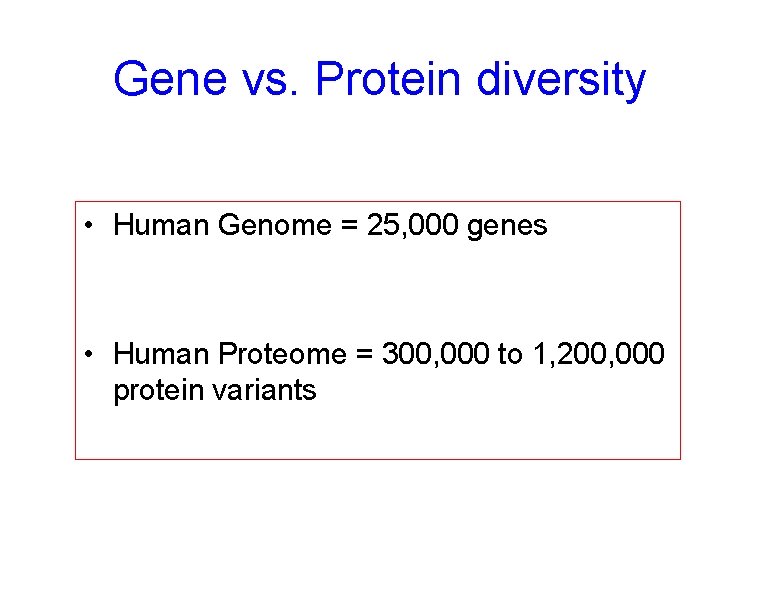 Gene vs. Protein diversity • Human Genome = 25, 000 genes • Human Proteome