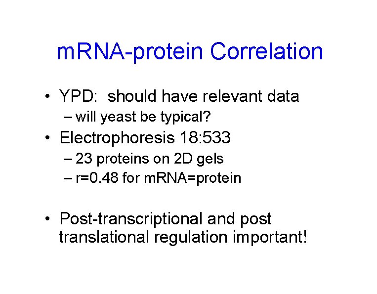 m. RNA-protein Correlation • YPD: should have relevant data – will yeast be typical?