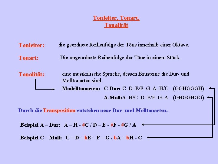 Tonleiter, Tonart, Tonalität Tonleiter: Tonart: Tonalität: die geordnete Reihenfolge der Töne innerhalb einer Oktave.