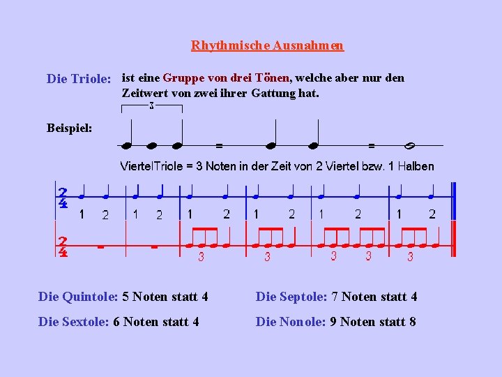Rhythmische Ausnahmen Die Triole: ist eine Gruppe von drei Tönen, welche aber nur den