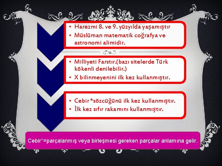  • Harezmi 8. ve 9. yüzyılda yaşamıştır • Müslüman matematik coğrafya ve astronomi