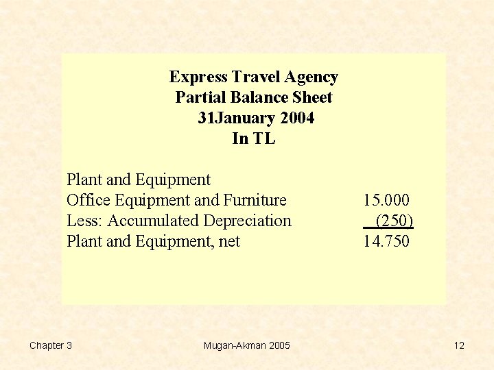 Express Travel Agency Partial Balance Sheet 31 January 2004 In TL Plant and Equipment