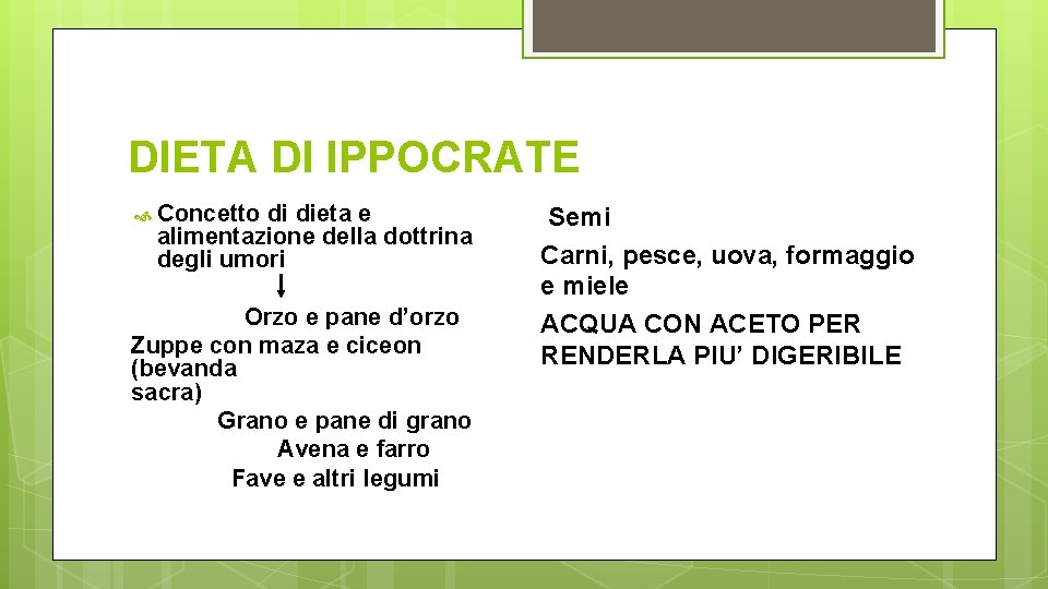 DIETA DI IPPOCRATE Concetto di dieta e Semi alimentazione della dottrina Carni, pesce, uova,