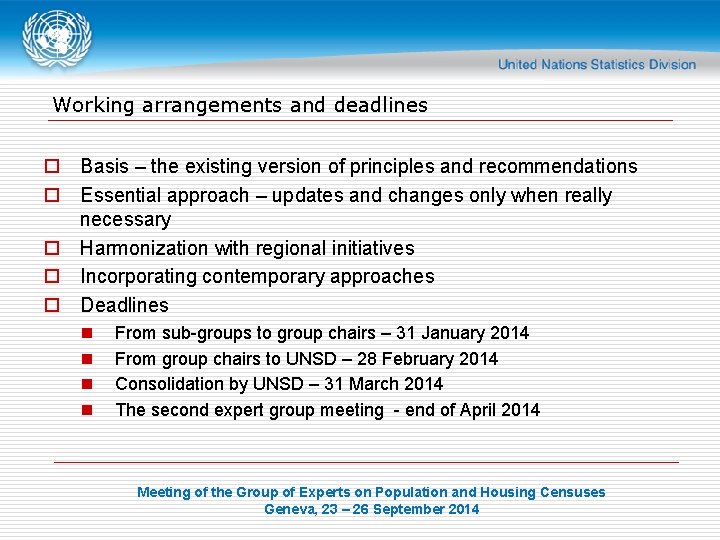 Working arrangements and deadlines o Basis – the existing version of principles and recommendations