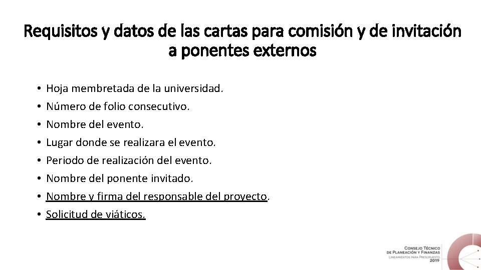 Requisitos y datos de las cartas para comisión y de invitación a ponentes externos