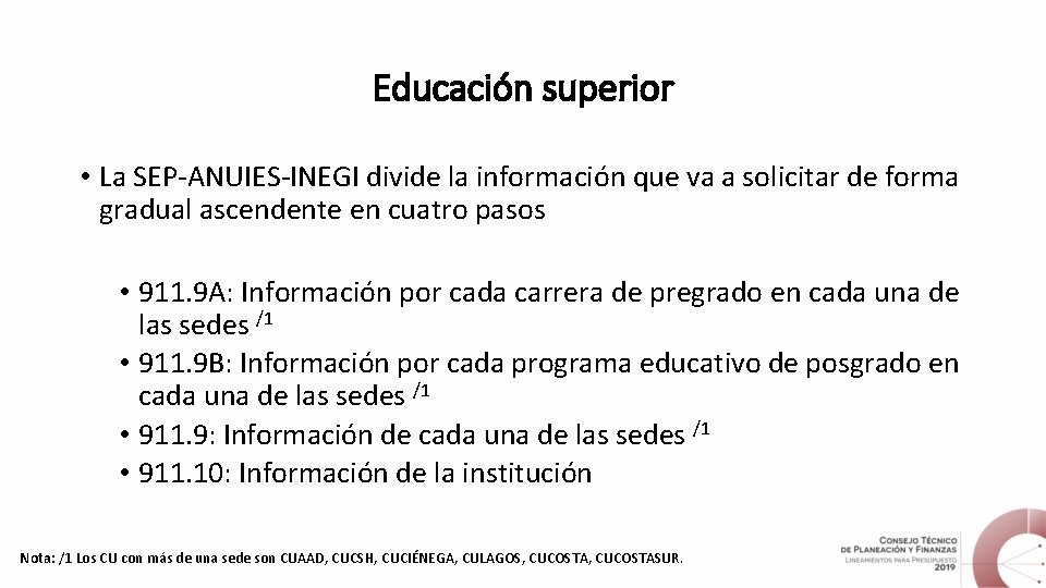 Educación superior • La SEP-ANUIES-INEGI divide la información que va a solicitar de forma