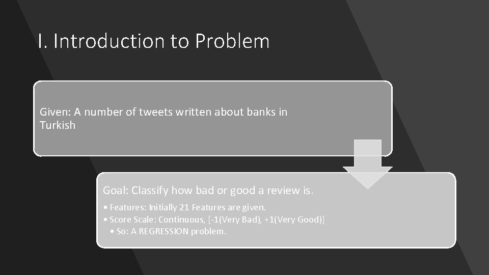 I. Introduction to Problem Given: A number of tweets written about banks in Turkish