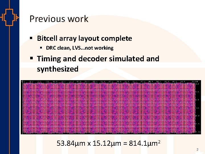 Previous work § Bitcell array layout complete § DRC clean, LVS…not working § Timing