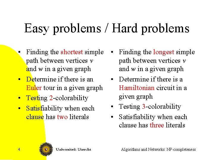 Easy problems / Hard problems • Finding the shortest simple path between vertices v