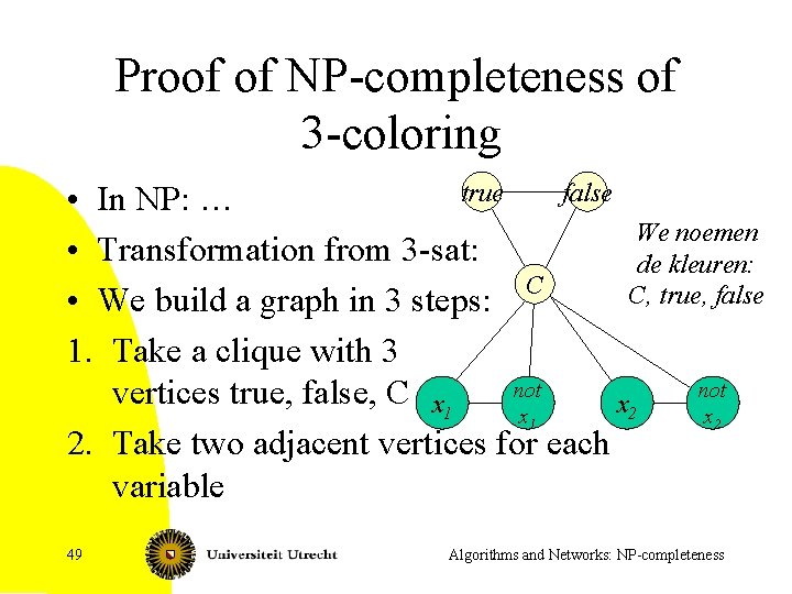 Proof of NP-completeness of 3 -coloring true false • In NP: … We noemen