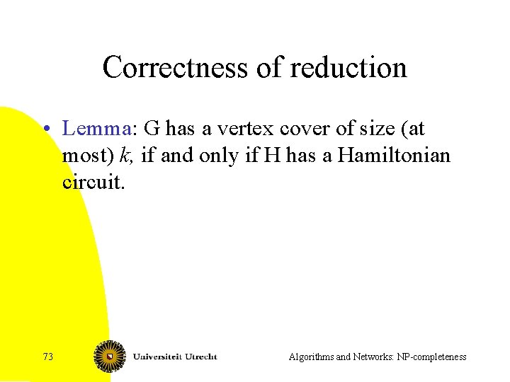 Correctness of reduction • Lemma: G has a vertex cover of size (at most)