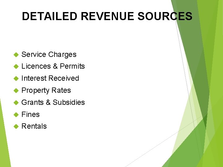 DETAILED REVENUE SOURCES Service Charges Licences & Permits Interest Received Property Rates Grants &