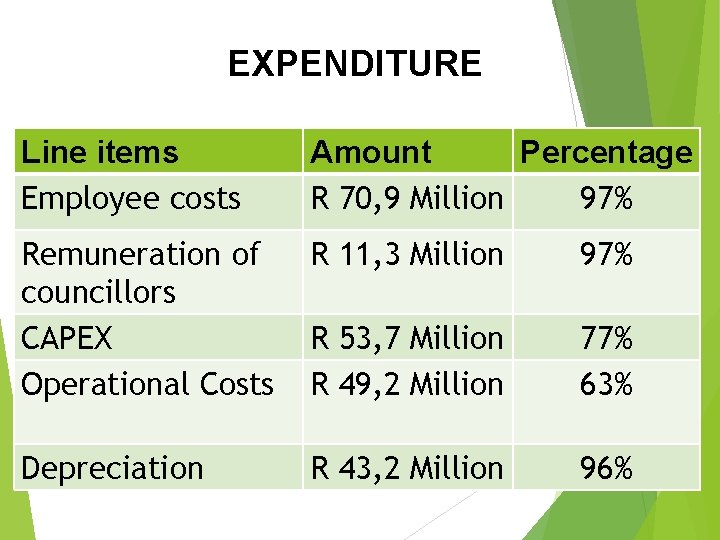EXPENDITURE Line items Employee costs Amount Percentage R 70, 9 Million 97% Remuneration of