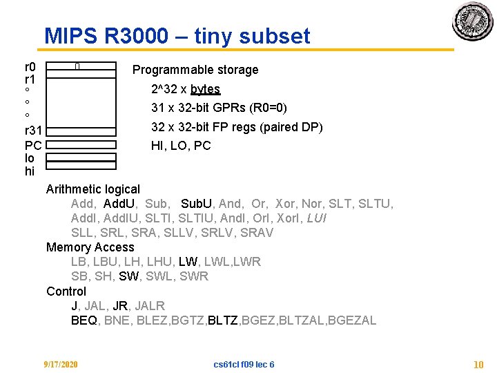 MIPS R 3000 – tiny subset r 0 r 1 ° ° ° r