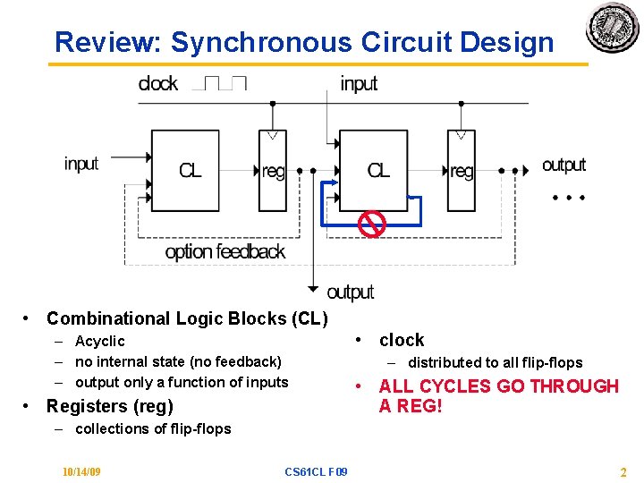 Review: Synchronous Circuit Design • Combinational Logic Blocks (CL) – Acyclic – no internal