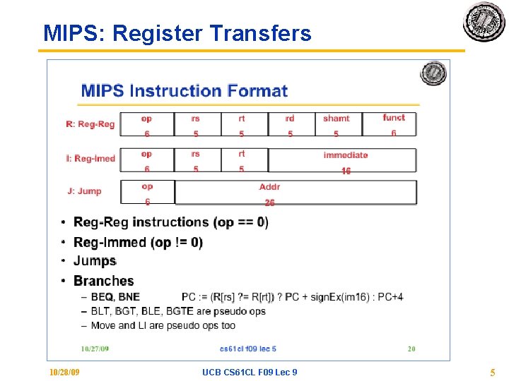 MIPS: Register Transfers 10/28/09 UCB CS 61 CL F 09 Lec 9 5 