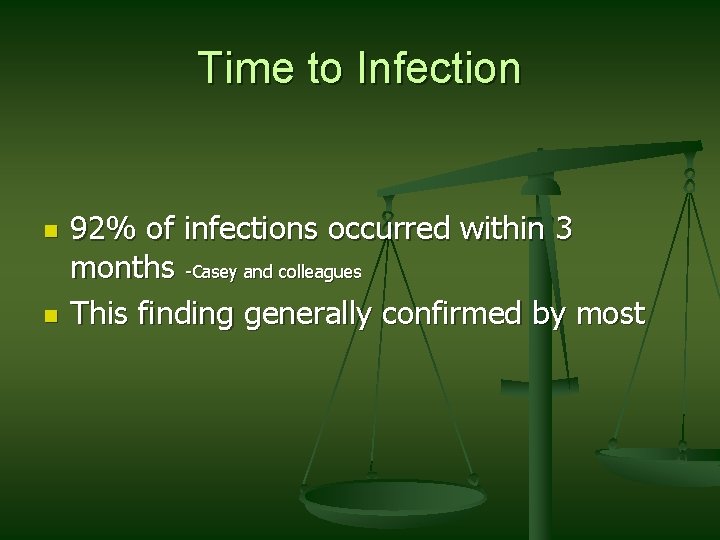 Time to Infection n n 92% of infections occurred within 3 months -Casey and Time to Infection n n 92% of infections occurred within 3 months -Casey and
