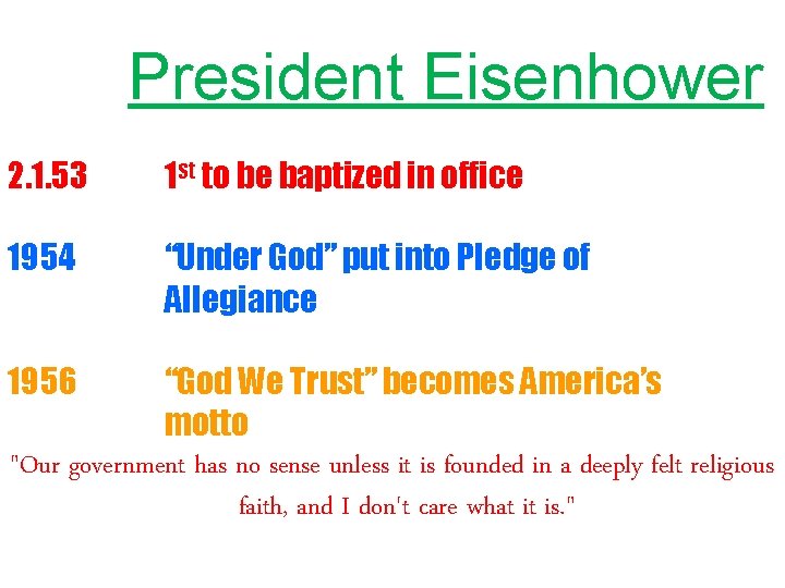 President Eisenhower 2. 1. 53 1 st to be baptized in office 1954 “Under