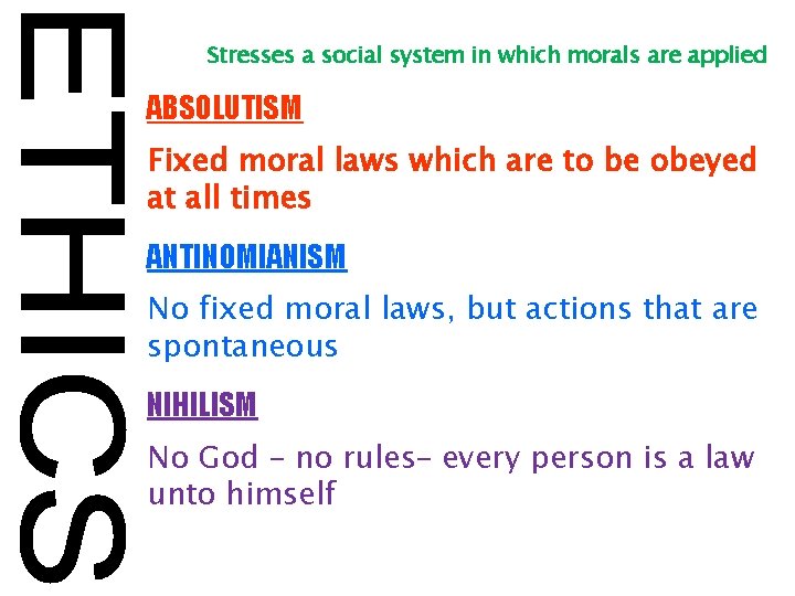 Stresses a social system in which morals are applied ABSOLUTISM Fixed moral laws which