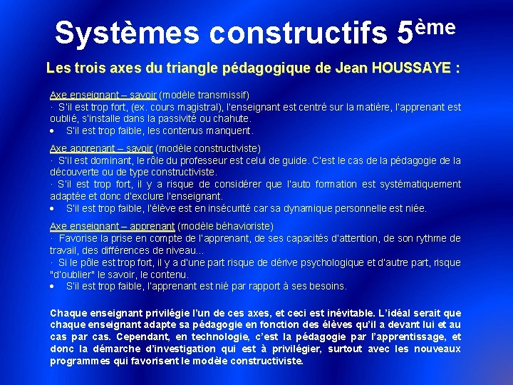 ème Systèmes constructifs 5 Les trois axes du triangle pédagogique de Jean HOUSSAYE :