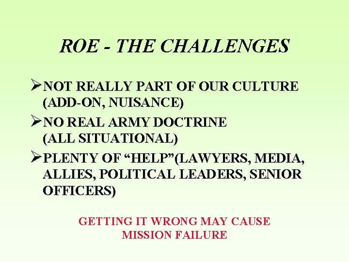 ROE - THE CHALLENGES ØNOT REALLY PART OF OUR CULTURE (ADD-ON, NUISANCE) ØNO REAL