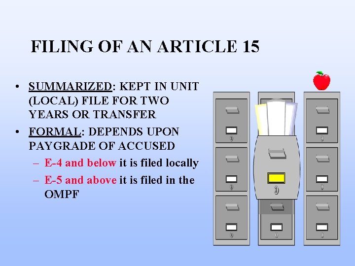 FILING OF AN ARTICLE 15 • SUMMARIZED: KEPT IN UNIT (LOCAL) FILE FOR TWO