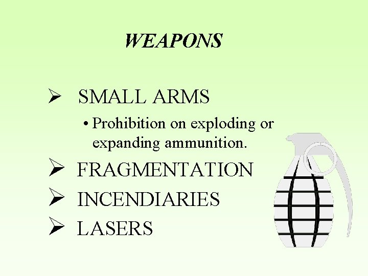 WEAPONS Ø SMALL ARMS • Prohibition on exploding or expanding ammunition. Ø Ø Ø