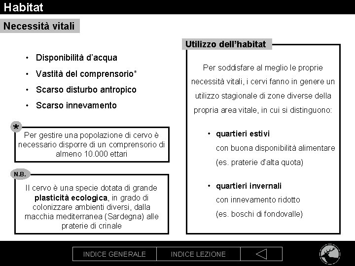 Habitat Necessità vitali Utilizzo dell’habitat • Disponibilità d’acqua • Vastità del comprensorio* • Scarso