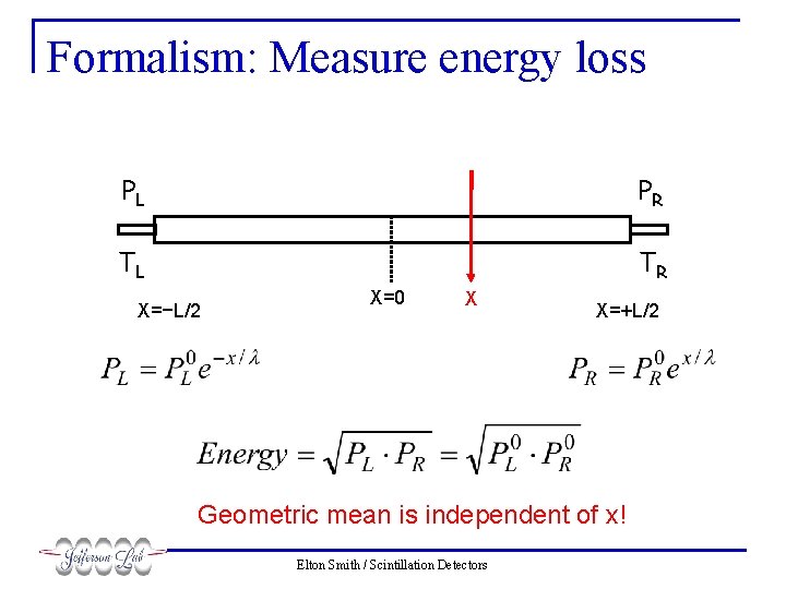 Formalism: Measure energy loss PL PR TL TR X=−L/2 X=0 X X=+L/2 Geometric mean