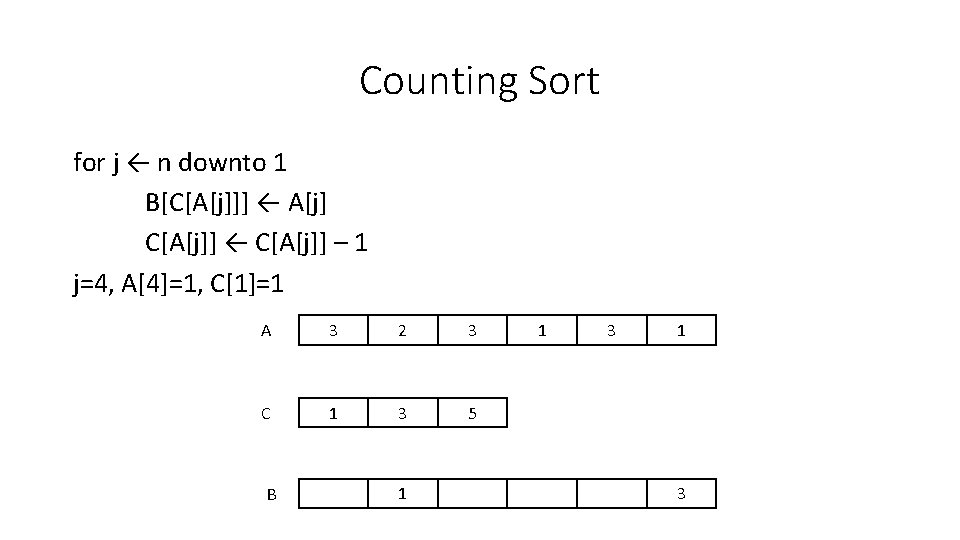 Counting Sort for j ← n downto 1 B[C[A[j]]] ← A[j] C[A[j]] ← C[A[j]]