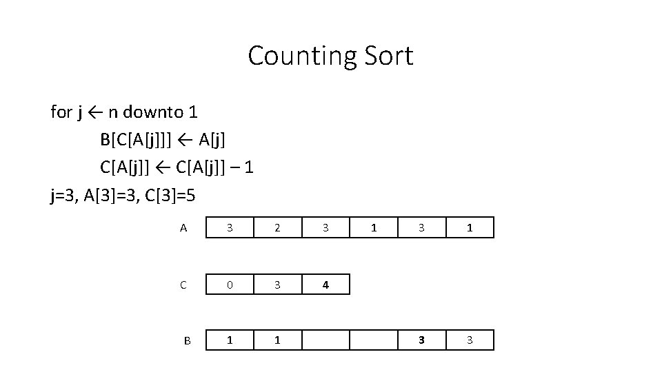 Counting Sort for j ← n downto 1 B[C[A[j]]] ← A[j] C[A[j]] ← C[A[j]]