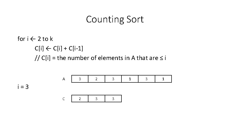 Counting Sort for i ← 2 to k C[i] ← C[i] + C[i-1] //