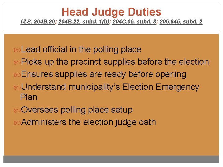 Head Judge Duties M. S. 204 B. 20; 204 B. 22, subd. 1(b); 204