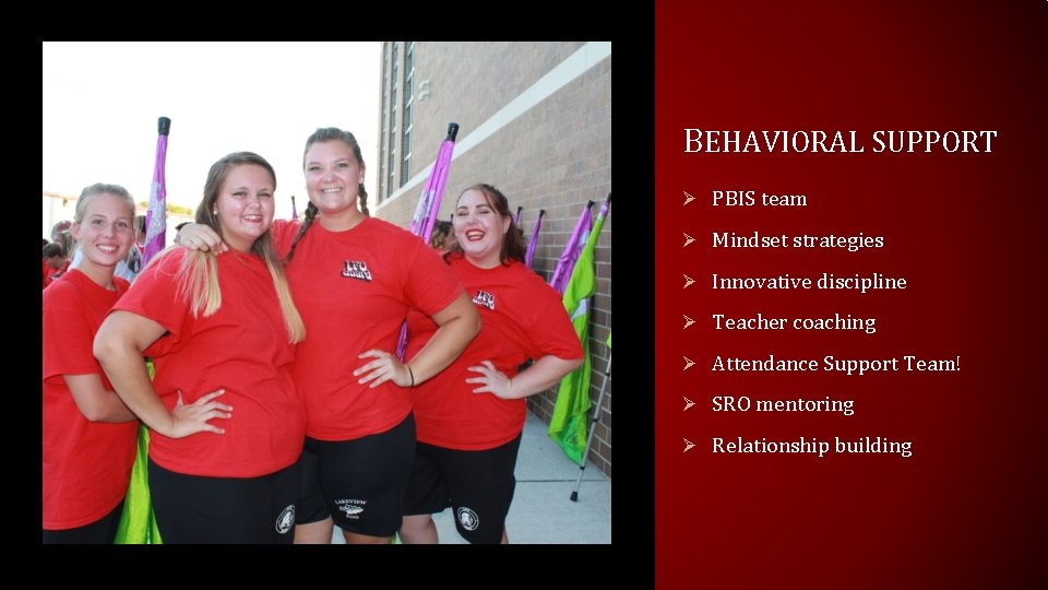 BEHAVIORAL SUPPORT Ø PBIS team Ø Mindset strategies Ø Innovative discipline Ø Teacher coaching