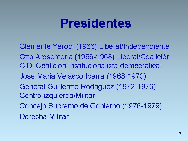 Presidentes Clemente Yerobi (1966) Liberal/Independiente Otto Arosemena (1966 -1968) Liberal/Coalición CID. Coalicion Institucionalista democratica.