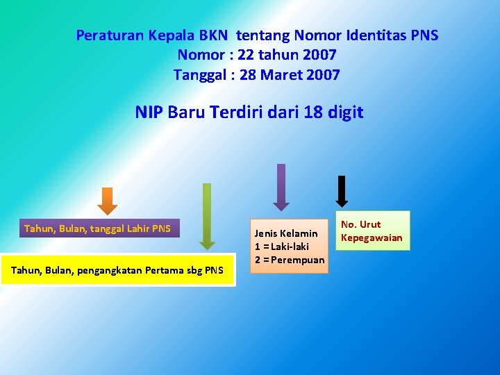 Peraturan Kepala BKN tentang Nomor Identitas PNS Nomor : 22 tahun 2007 Tanggal : Peraturan Kepala BKN tentang Nomor Identitas PNS Nomor : 22 tahun 2007 Tanggal :