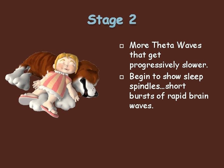 Stage 2 More Theta Waves that get progressively slower. Begin to show sleep spindles…short