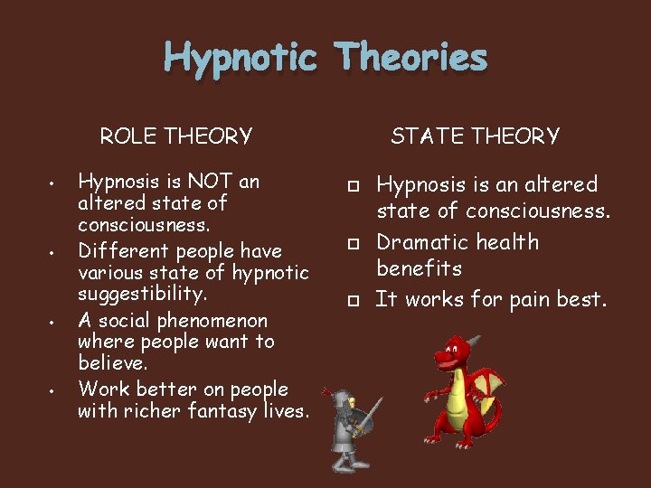 Hypnotic Theories ROLE THEORY • • Hypnosis is NOT an altered state of consciousness.