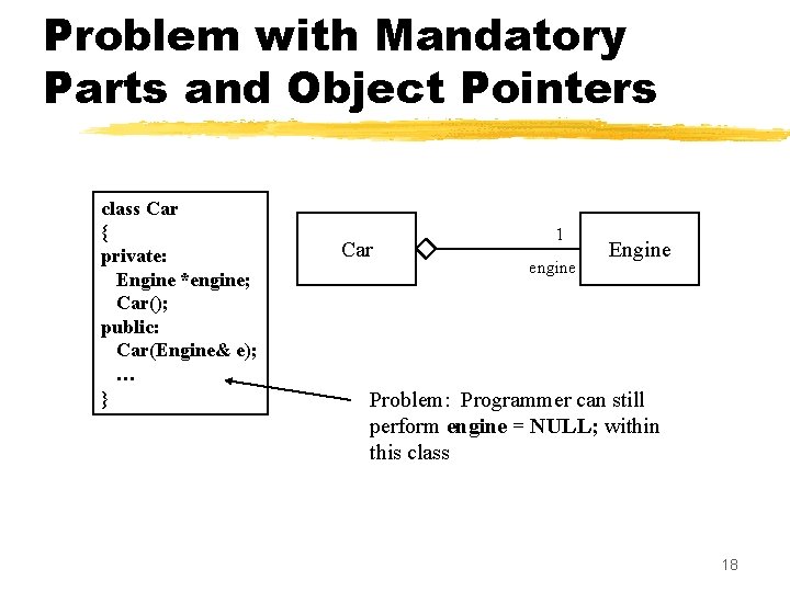 Problem with Mandatory Parts and Object Pointers class Car { private: Engine *engine; Car();