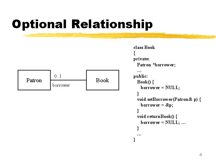 Optional Relationship Patron 0. . 1 borrower Book class Book { private: Patron *borrower;